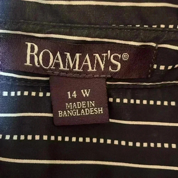 Roaman’s Women’s 14W Navy Striped Button Down Long Sleeve Shirt - Picture 7 of 9